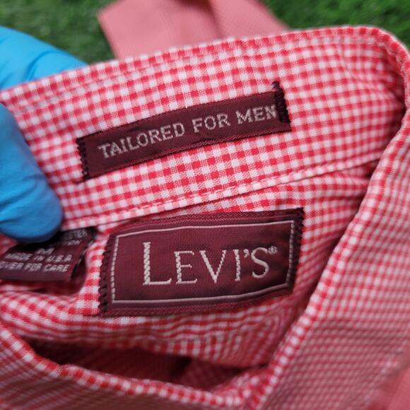 Vintage Levis Red Gingham Check Shirt Mens M (Slim Fit) 16.5 90s Plaid Western - Picture 5 of 6